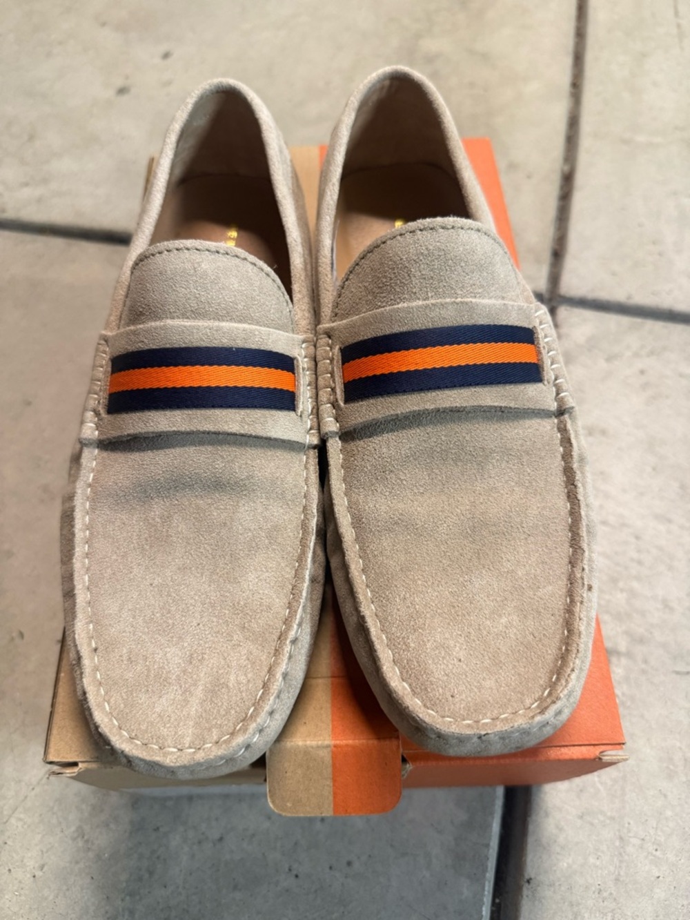 New Republic - Beige Suede Men’s Penny Loafers with Navy & Orange Stripe